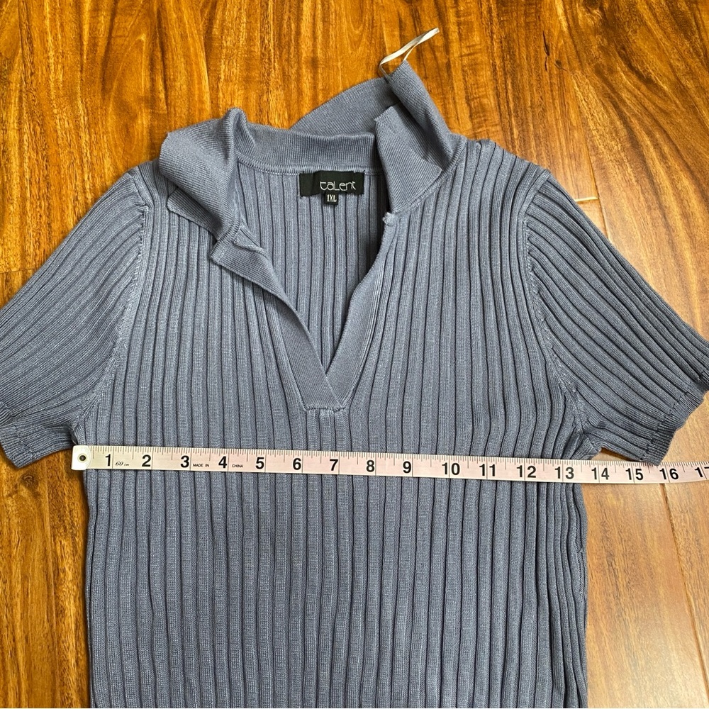 Talent Blue Gray Collared Ribbed V Neck Short Sleeve Soft Stretch Shirt Size 1X - Picture 13 of 15